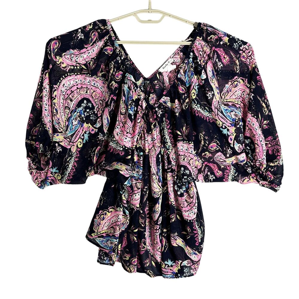 Lovely J Peasant Blouse M Blue Pink Paisley Boho Semi Sheer Batwing Sleeve Fairy